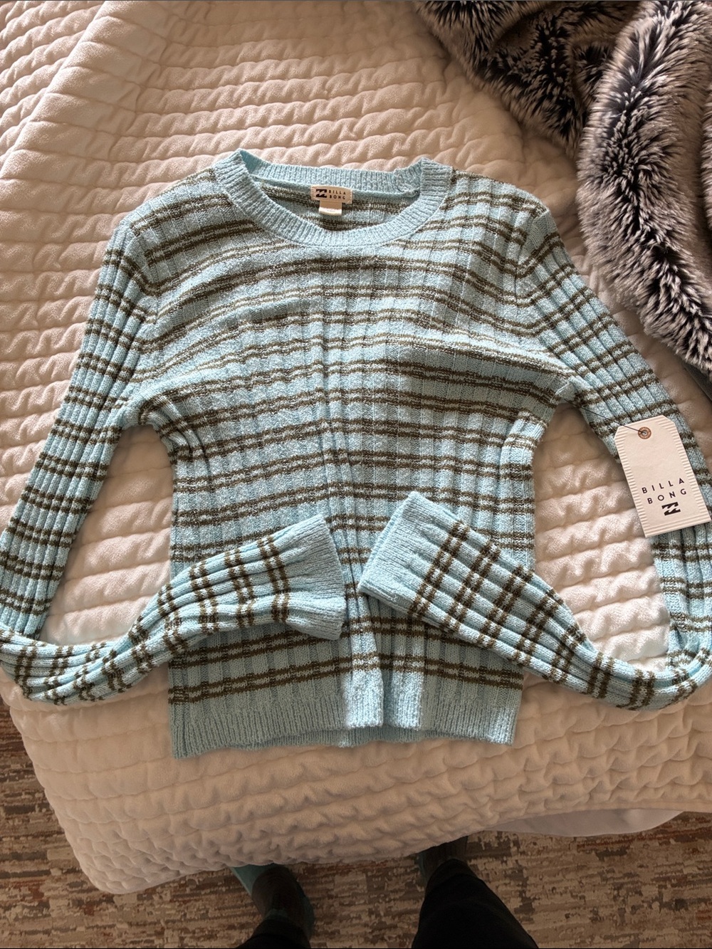 Billabong Pale Blue and Lime Green Striped Crew Neck Sweater